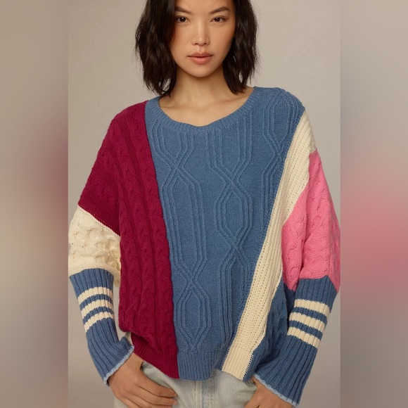Maeve Sweaters - Anthropologie Maeve Colorblock Cable Knit Sweater Oversized Pink Blue Burgundy